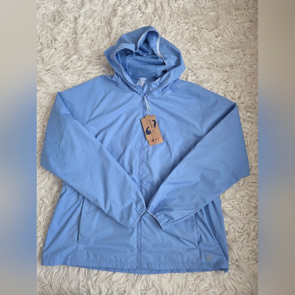 Asics Windbreaker Womens Size L Blue Hooded Running Full Zip